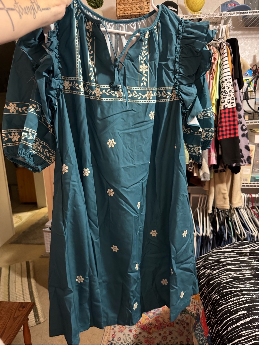 Teal Floral Embroidered Peasant Dress